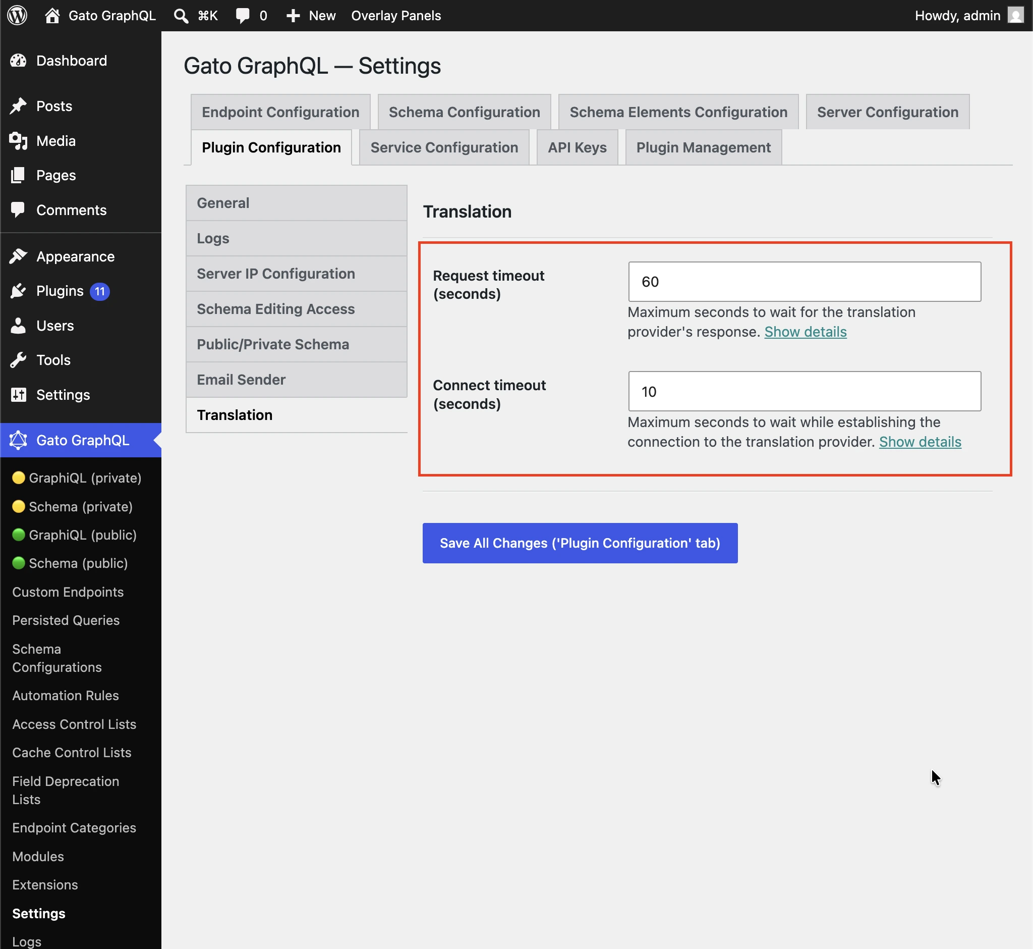 De Request timeout en Connection timeout voor vertaling instellen