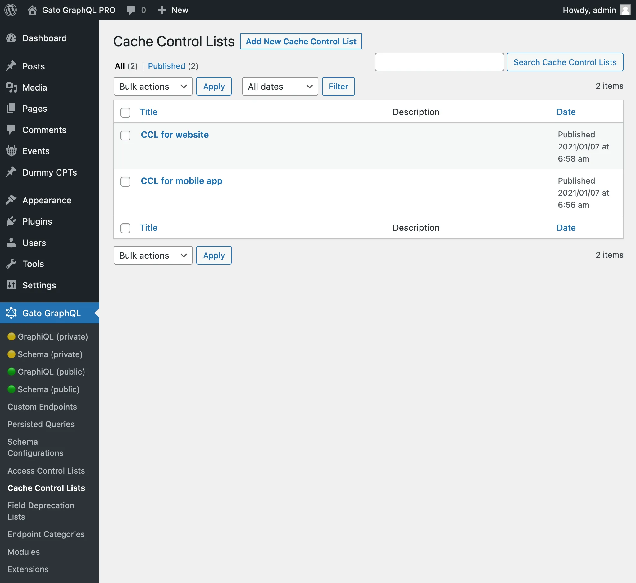 Cache Control Lists in het beheerpaneel