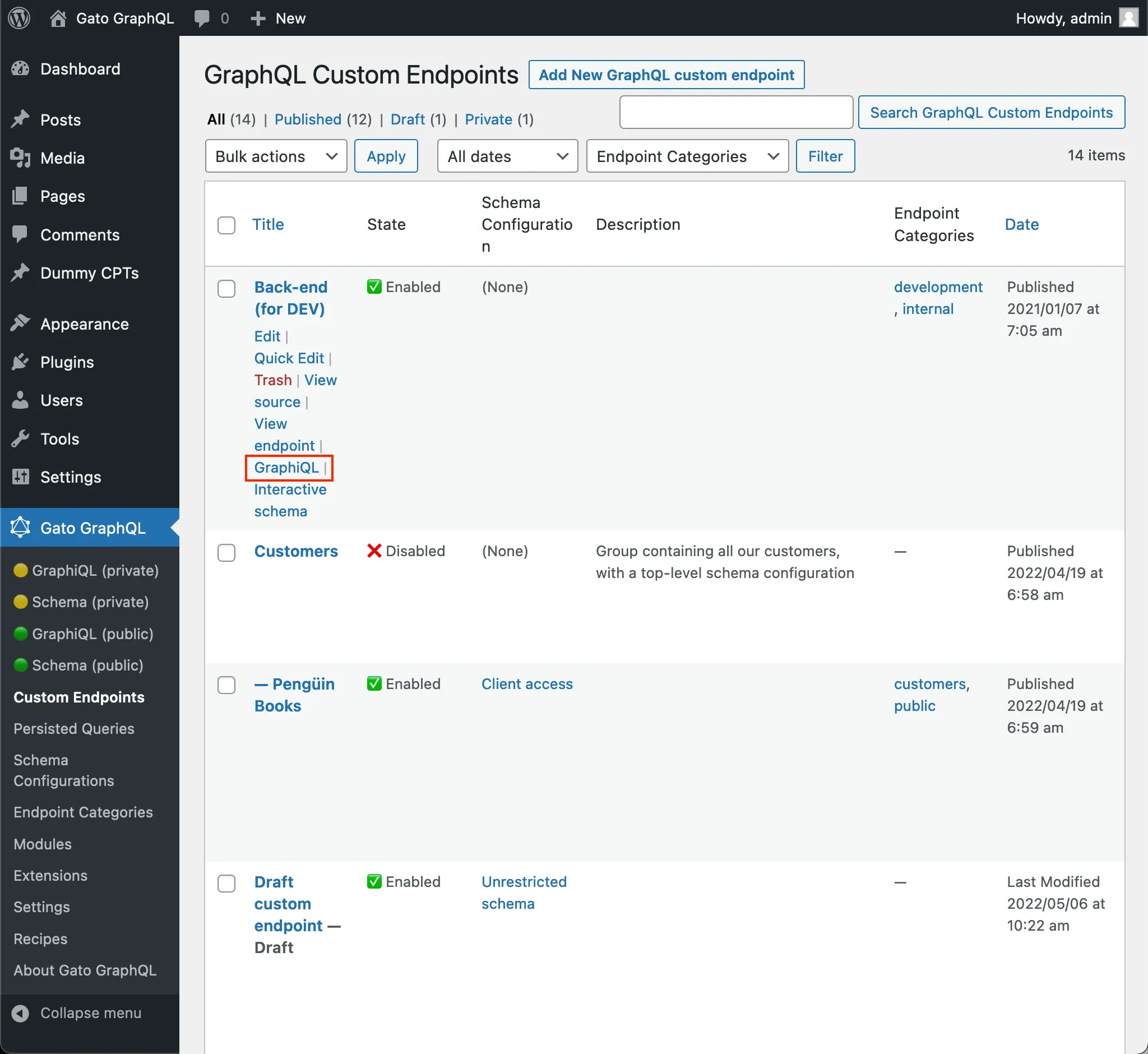 Link naar de GraphiQL-client van het aangepaste endpoint in de lijst
