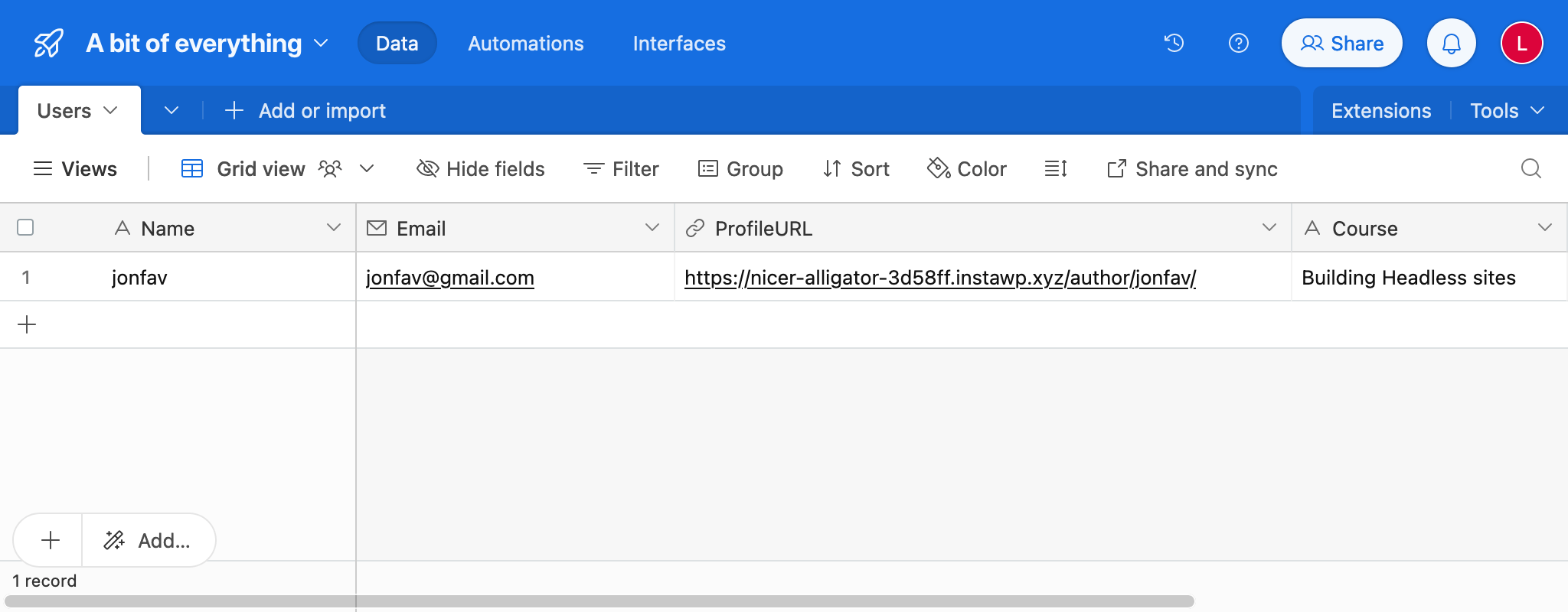Tabel in AirTable met LMS-gegevens