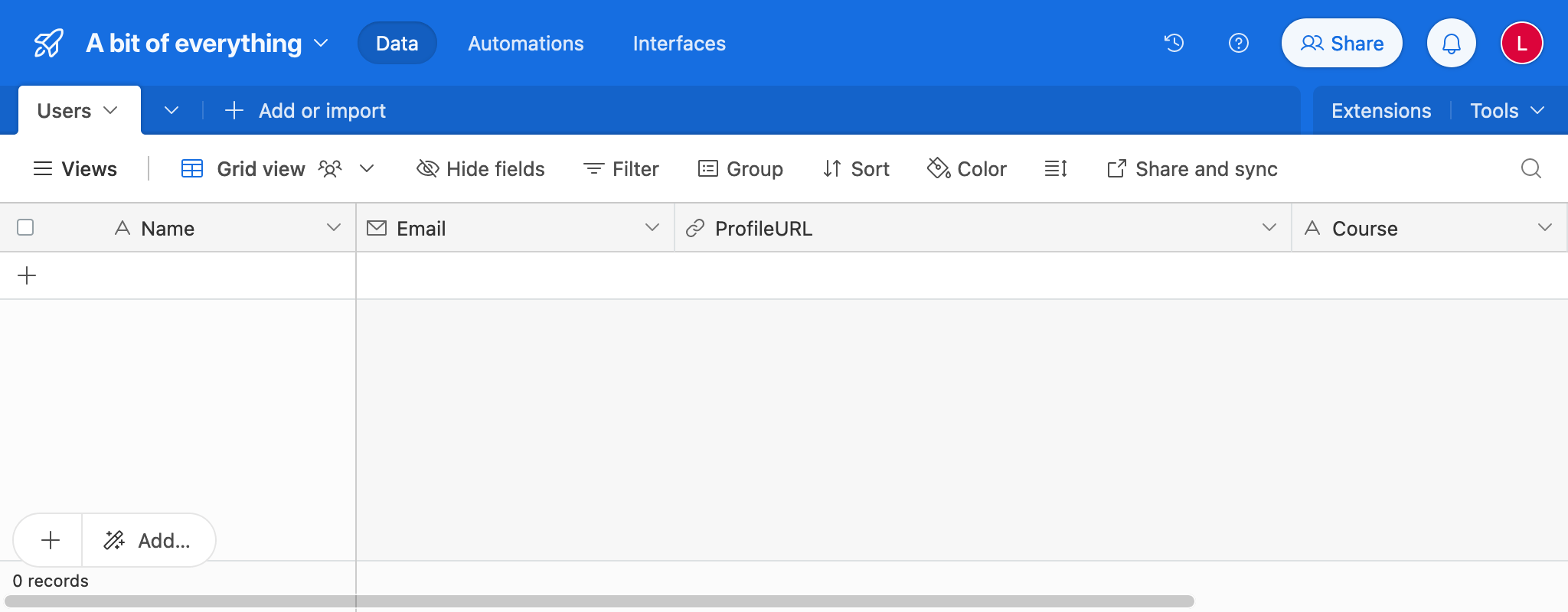 Tabel in AirTable met LMS-gegevens
