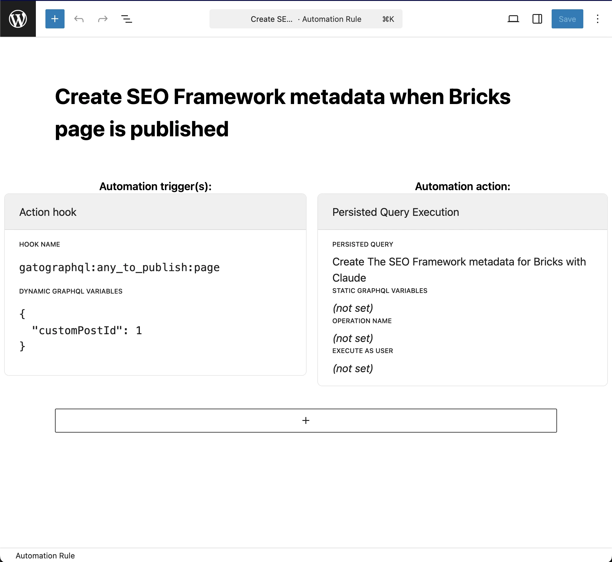 Automation-regel voor het aanmaken van The SEO Framework metadata voor Bricks met Claude