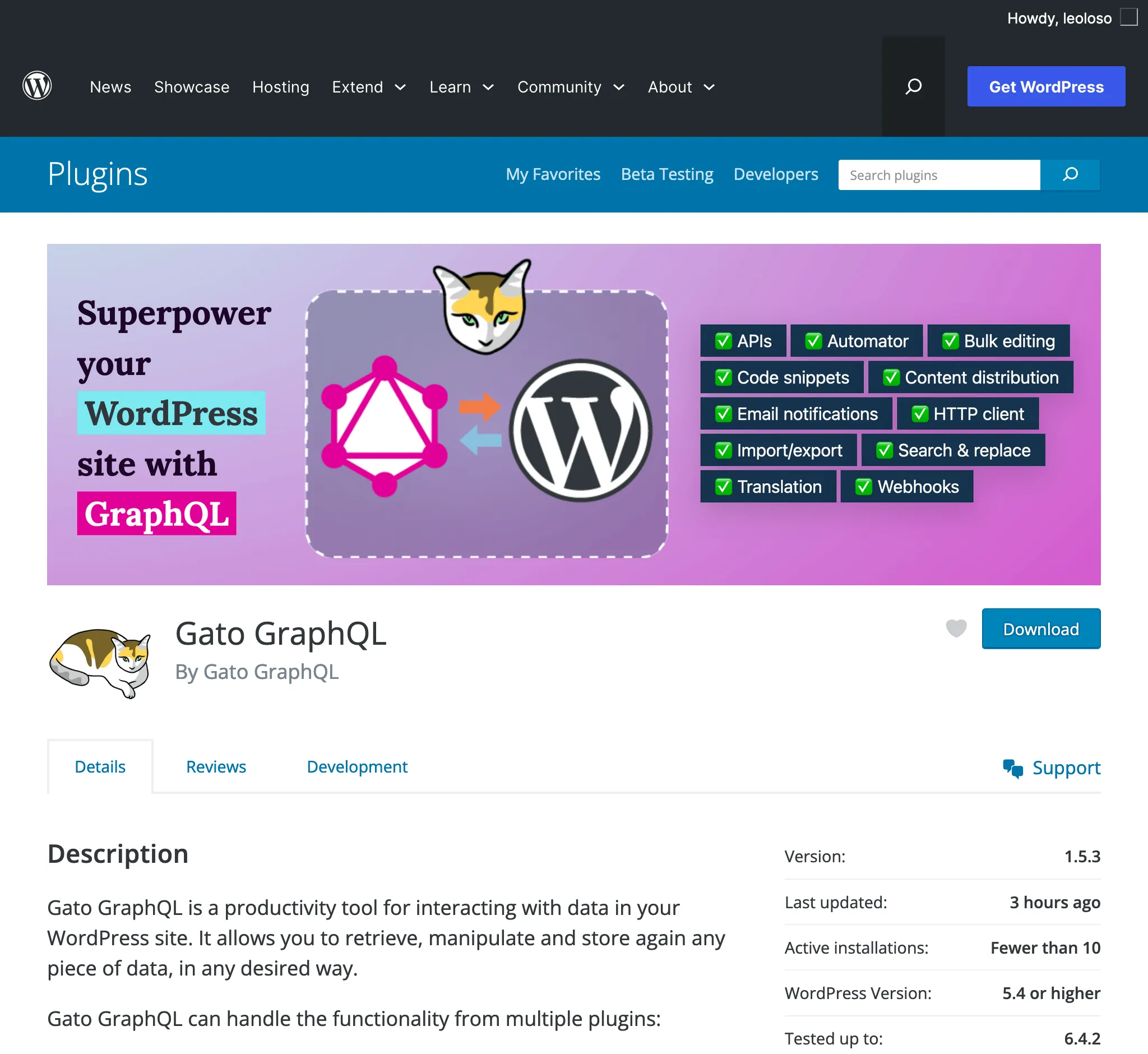 Gato GraphQL in de WordPress plugindirectory